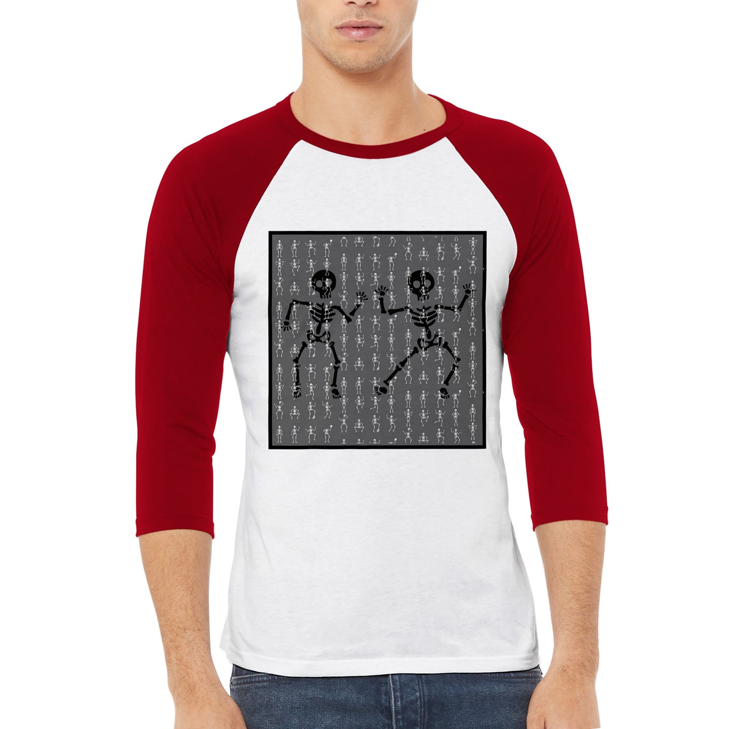 Skeleton dancing in the rain Unisex 3/4 sleeve Raglan T-shirt